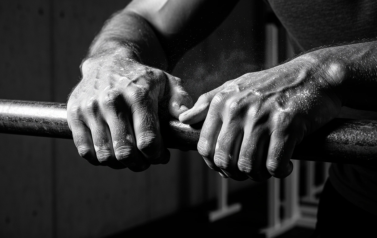 Force et texture des mains d'un athlète sur une barre olympique